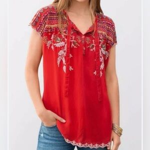 Johnny Was Lissa scarlet red floral embroidered boho tunic